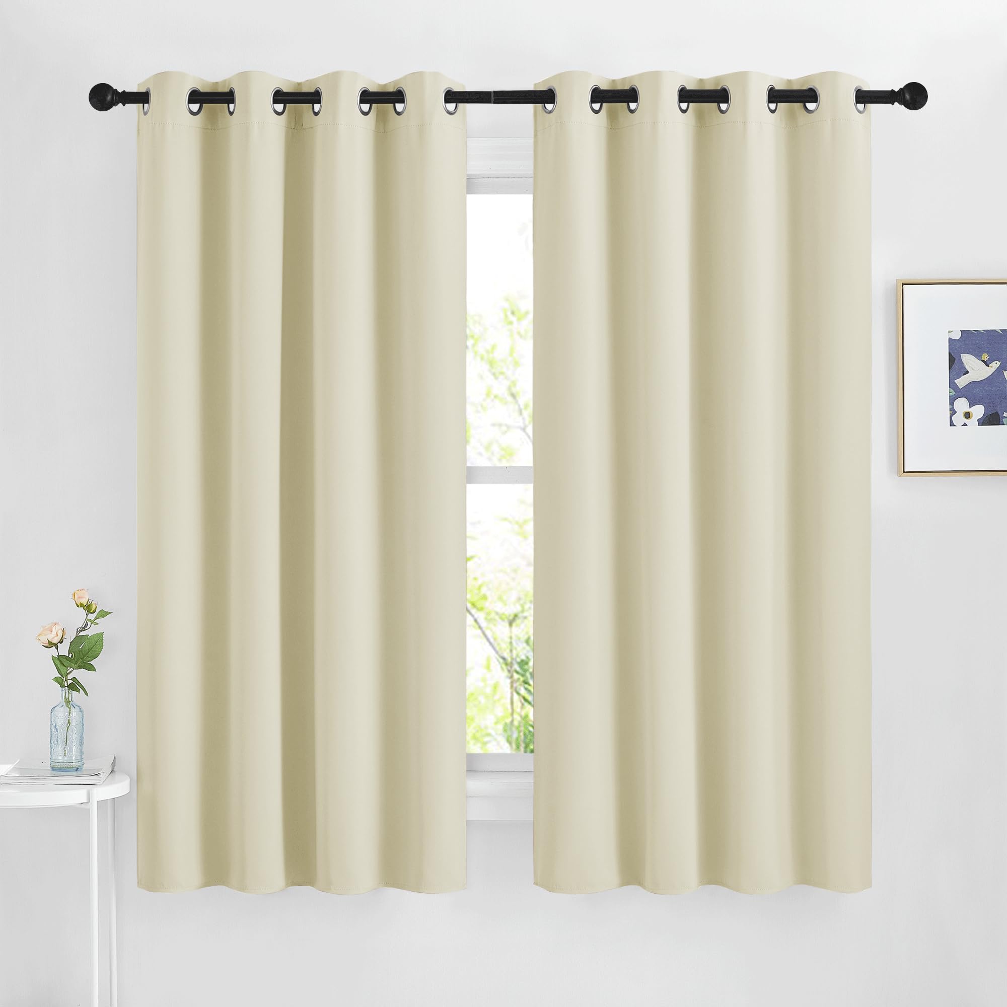 Photo 1 of NICETOWN Beige Blackout Curtains 63 inches Long, Grommet Room Darkening Window Treatment Thermal Insulated Vertical Drapes Sound Reducing for Bedroom, W46 x L63, 2 Panels