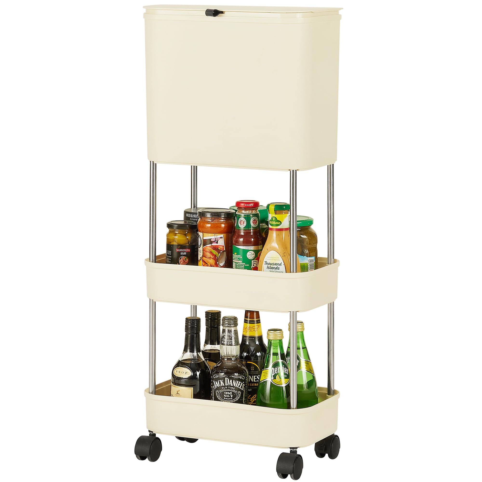 Photo 1 of VECELO Kitchen Trash Can with Lid, Garbage Bin with Storage Rack, Dog Proof Narrow Waste Basket for Bathroom, Bedroom, Living Room, Office, White