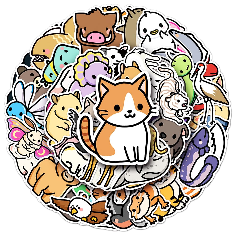 Cartoon Animals Vinyl Stickers, 50 PCS Waterproof Illustrated Animal Decals for Laptops, Scrapbooking, Journals, Notebooks, Water Bottles, Suitcases, Phones & DIY Decor