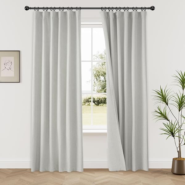 KANGBANG 90 INCH BLACKOUT CURTAINS 2 PANELS,HOOK BELT BACK TAB RUSTIC FARMHOUSE LINEN CURTAINS, HEALING COLORS PLEATED CURTAIN DRAPES FOR LIVING ROOM(52 BY 90 INCHES LONG, LIGHT GREY)