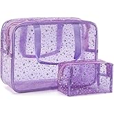Yaopeing 2Pcs PVC Clear Makeup Bag Organizer for Women,Star Transparent Cosmetic Case Travel Toiletry Pouch with Zipper,Large Make Up Purse for Daily Accessory,Purple