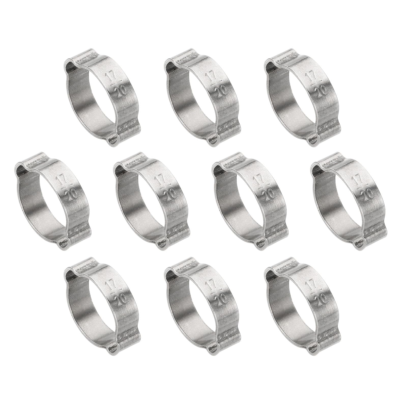 PATIKIL 10 Pack 17-20mm Double Ear Hose Clamp, 304 Stainless Steel O Clip Crimp Rings for Fuel Petrol Pipe Tube Fitting Connections, Silver Tone