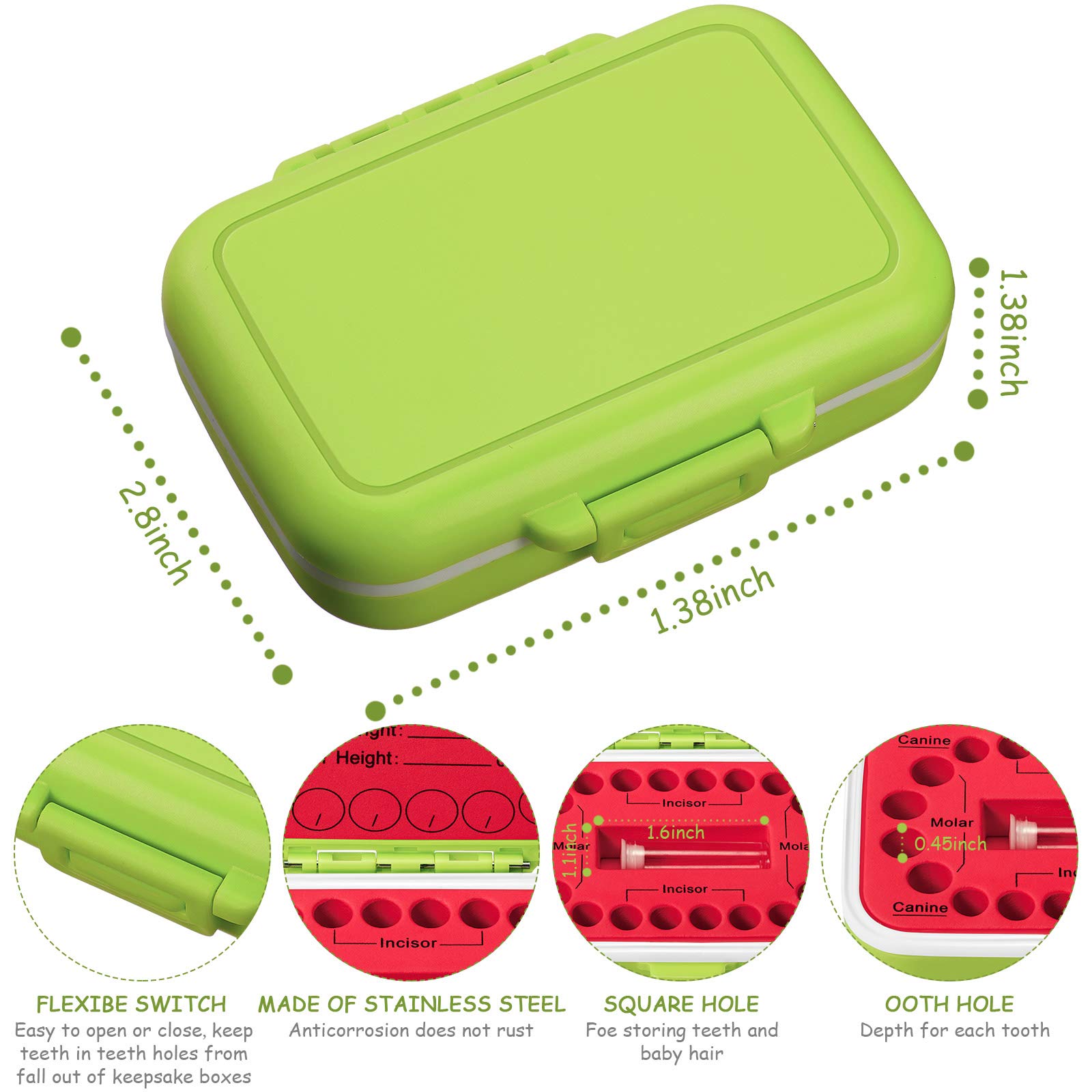 Baby Tooth Box Keepsake for Kids Teeth Storage Holder Child Teeth Organizer Tooth Fairy Box with Baby Fetal Hair Container and Tweezer for Keeping The Child Memory(Red-Green)