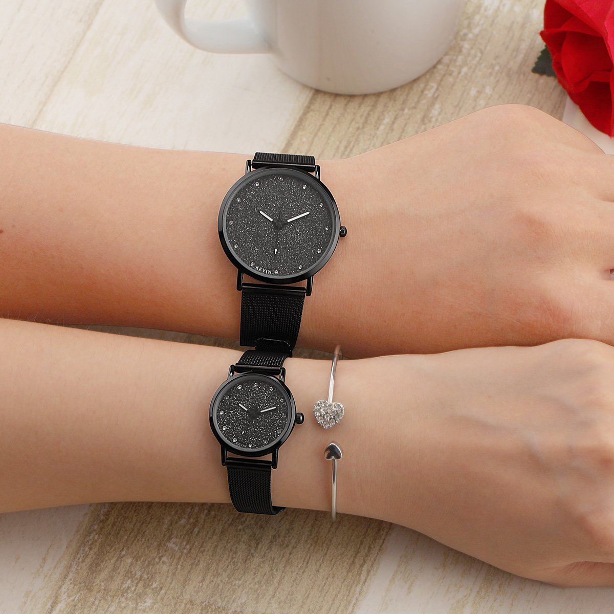 LONGQI Rhinestone Couple Mesh Watch Starry Dial Round Case Sparkling Wristwatch Holiday Gift (Couple)