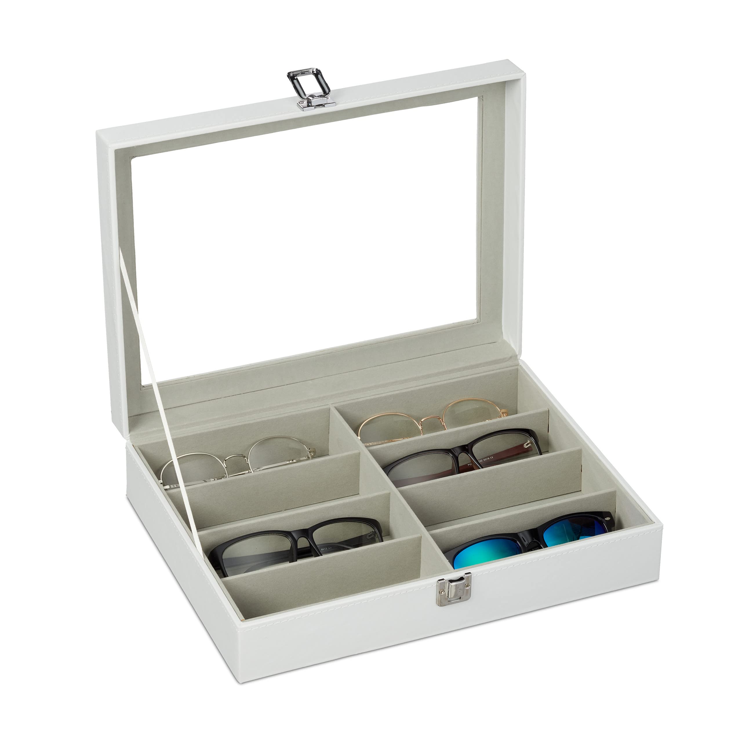 Relaxdays Glasses Box for 8 Pieces, Sunglasses Storage. 8.5x33.5x24.5 cm, Faux Leather, White