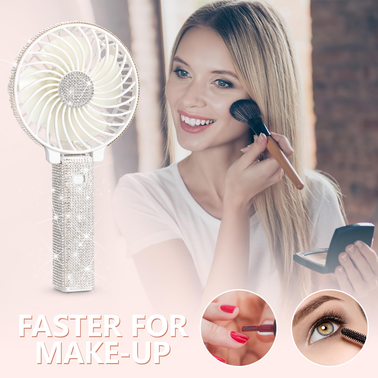 Mudder Rhinestone Handheld Fan Crystal Bling Mini Personal Fan Glitter Bedazzled Portable USB Rechargeable & Battery Operated for Girls Women Outdoor Travel Indoor Makeup Office(White,Foldable)