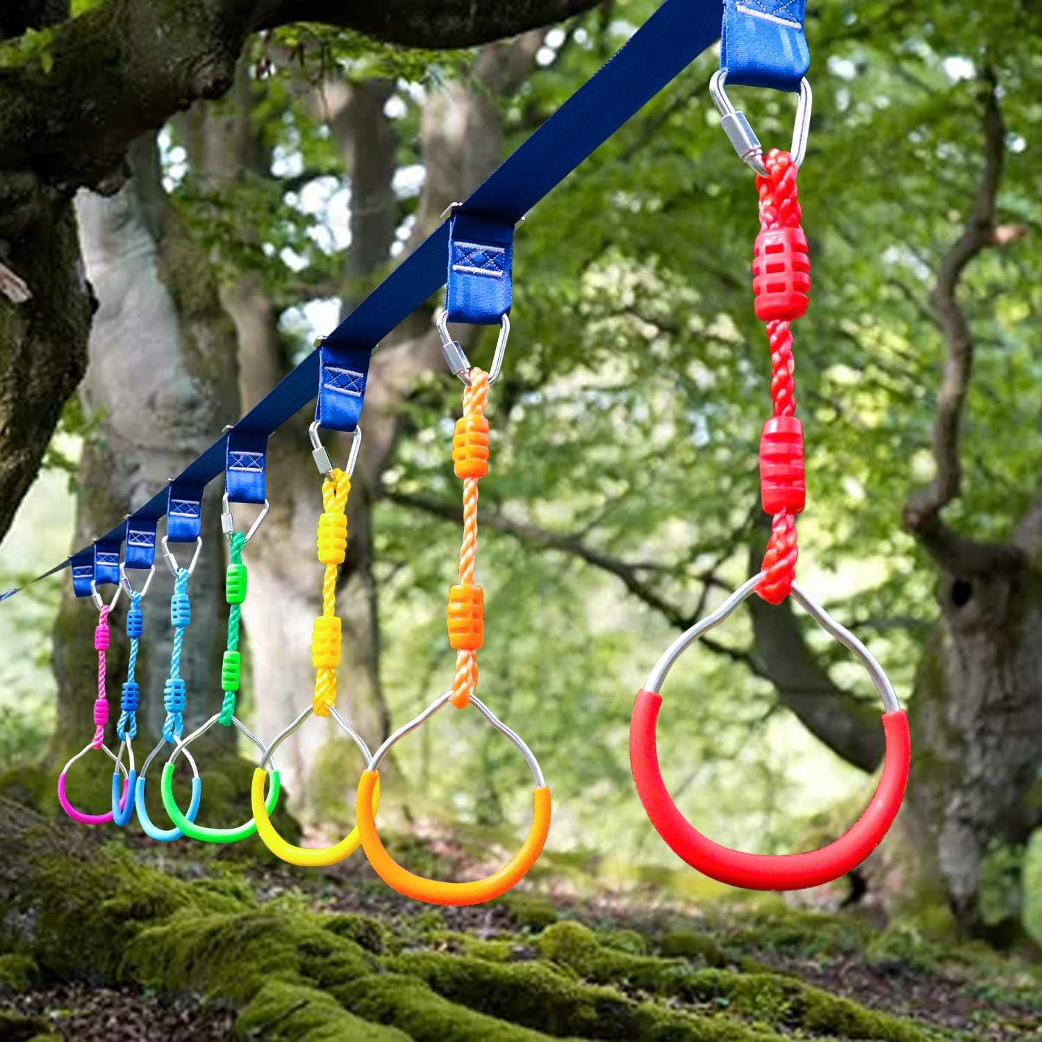 Rainbow Craft Colorful Ninjaline Rings - Gymnastic Rings, Ninja Rings, Swing Bar Rings, Monkey Rings for Backyard Ninja Obstacle Accessories - 7pcs Pack: Toys & Games