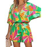 CUPSHE Women's Mini Romper Summer Beach Vacation Loose Fit Half Sleeve V Neck Resort Wear Tropical Holiday Short Jumpsuit