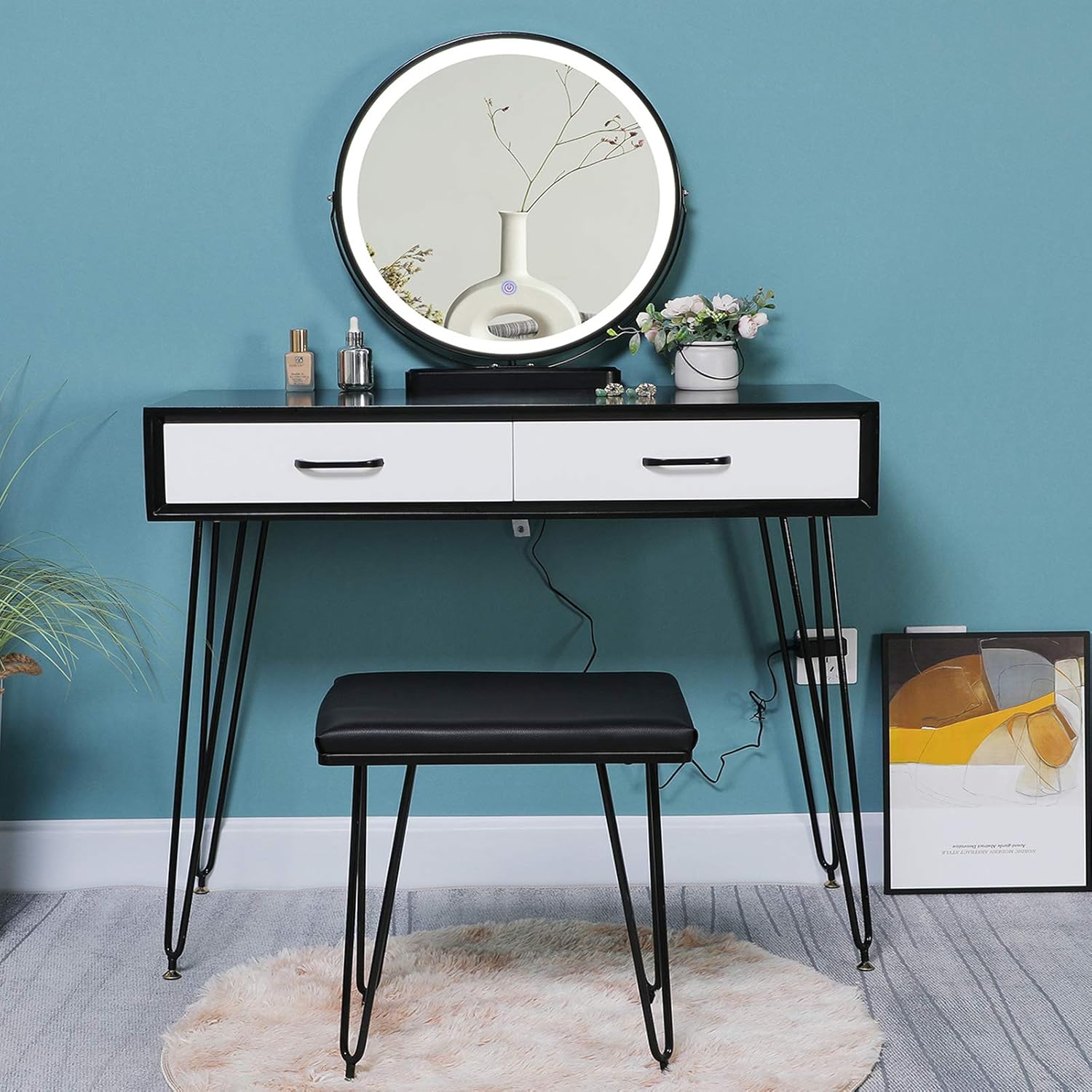 Iwell Vanity Table Set with 3 Colors LED Lighted Mirror, Makeup Vanity Table with 2 Large Drawers & Cushioned Stool, for Women, Girl, Dressing Desk for Bedroom, Bathroom, Black