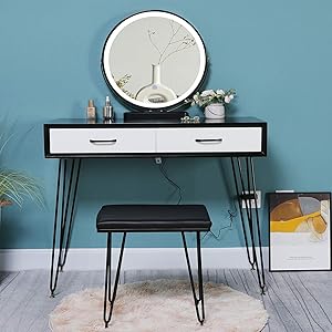Iwell Vanity Table Set with 3 Colors LED Lighted Mirror, Makeup Vanity Table with 2 Large Drawers & Cushioned Stool, for Women, Girl, Dressing Desk for Bedroom, Bathroom, Black