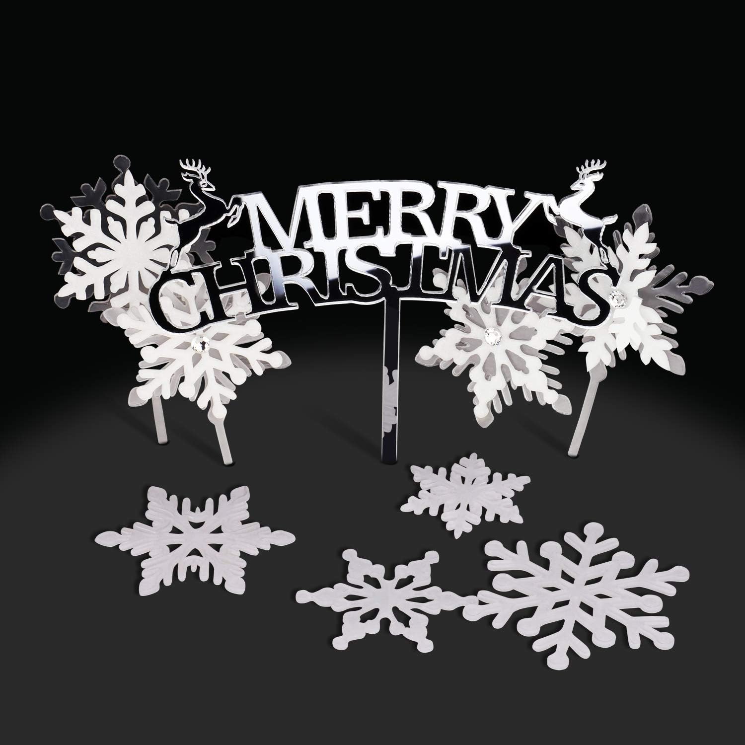 Restards Acrylic Merry Christmas Snowflakes Cupcake & Cake Toppers Silver Winter Party Decorations, 9 Pack