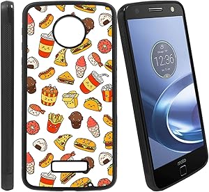 [Cartoon Doodle Icons Junk Food] Compatible with Motorola Z Play/Z Play Droid/Moto Z Force/Z Force Droid, Non-Slip Soft Rubber Side & Hard Back Case Cover Shell Skin