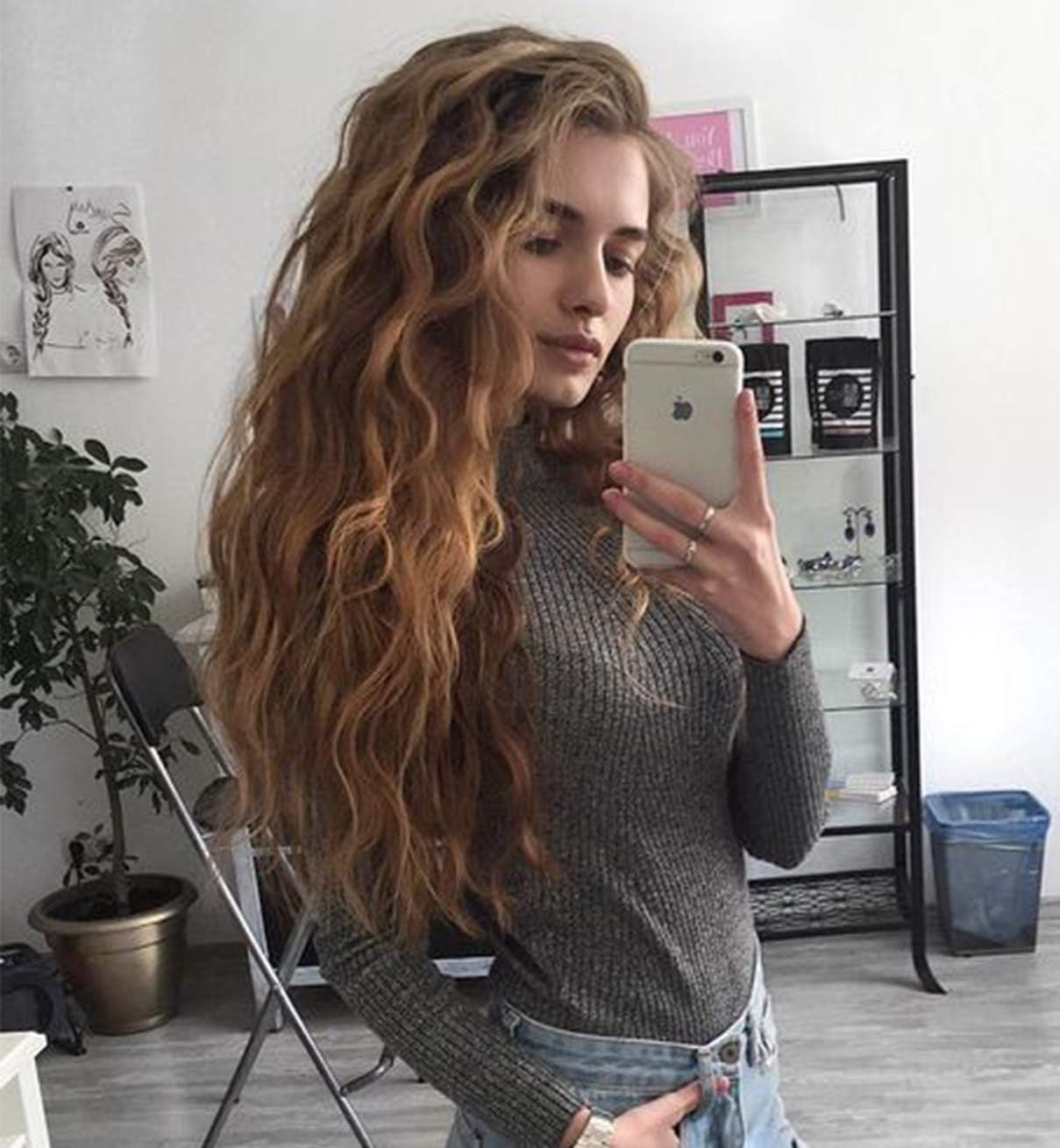 Vebonny Rooted Ombre Brown Lace Front Wigs Loose Curly Brown Hair Wig uk (22 inch, Medium Brown) VEBONNY-049-22