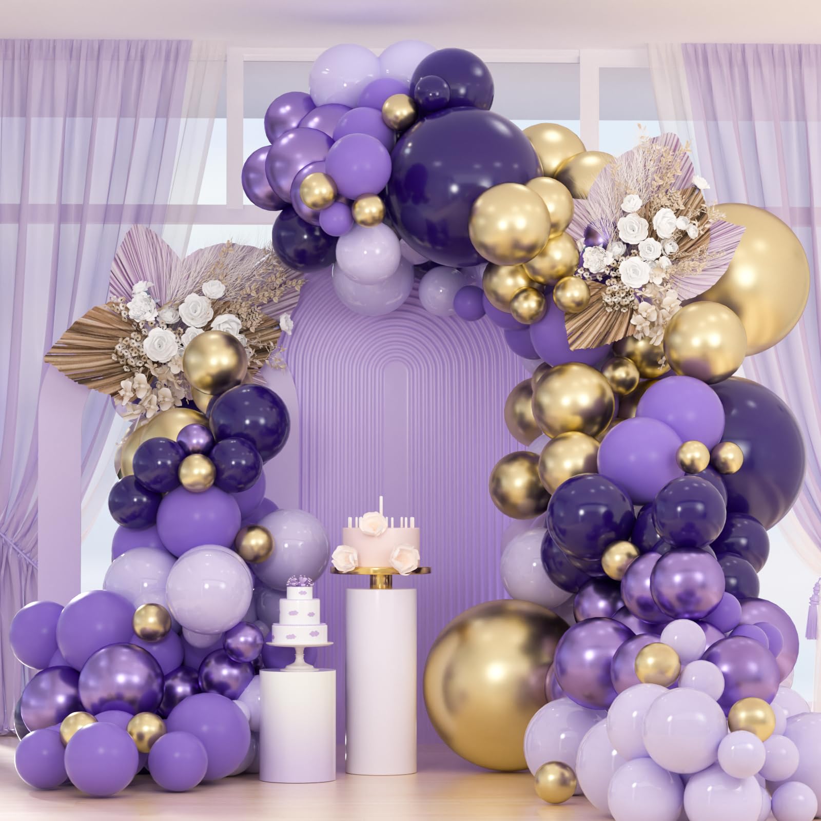 Photo 1 of 163pcs Purple & Gold Balloon Garland Arch Kit - Dark Purple, Lavender Lilac, Metallic Gold Balloons for Weddings, Baby Showers, Bachelorette Princess Parties