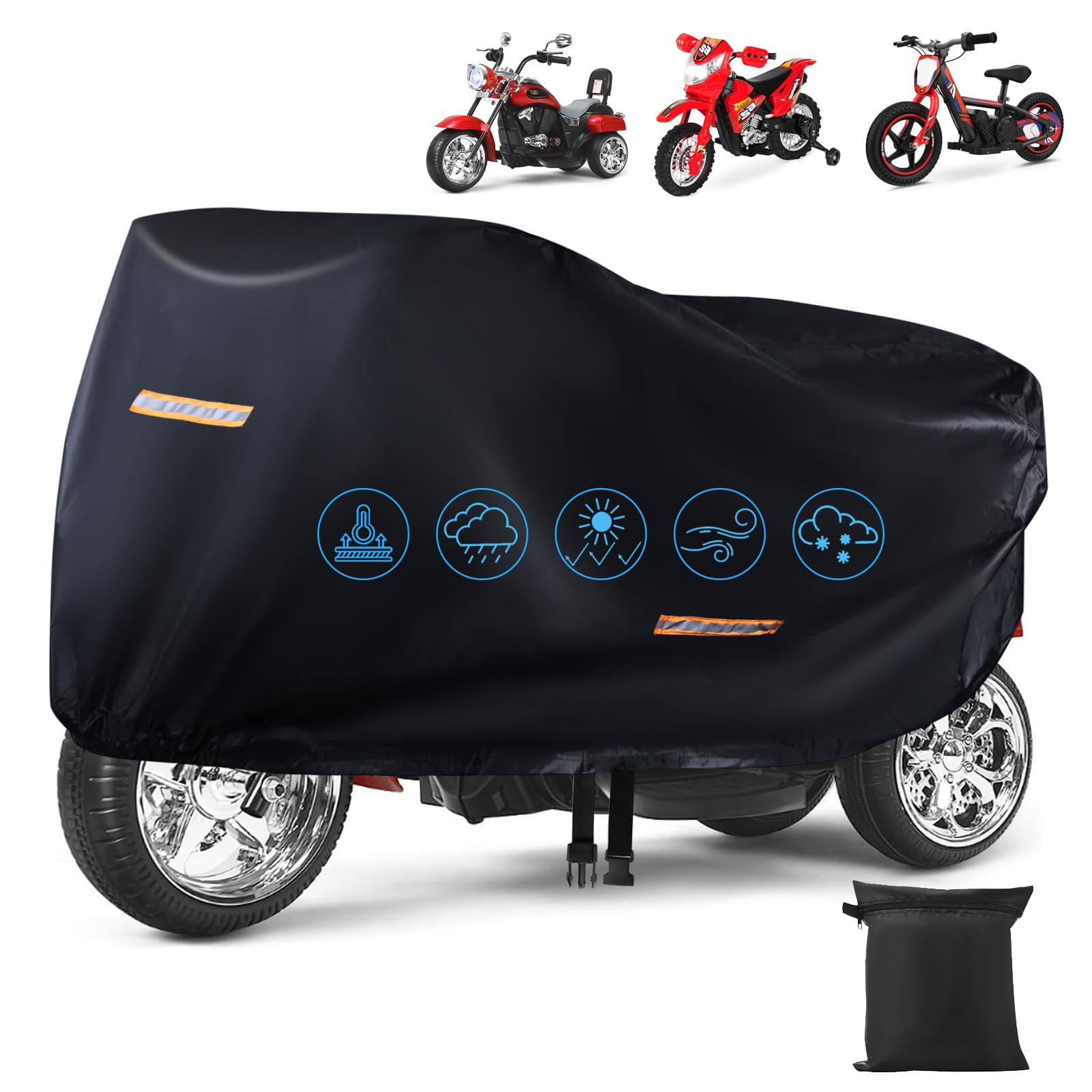 Car Toy Cover,Heavy Duty 420D Oxford Fabric Kids Ride-On Toy 3 Wheels Car Cover Waterproof,Universal Covers for Kids Electric Vehicle,Anti-UV,with Waterproof Strip,3 Reflective Strips,Windproof Buckle