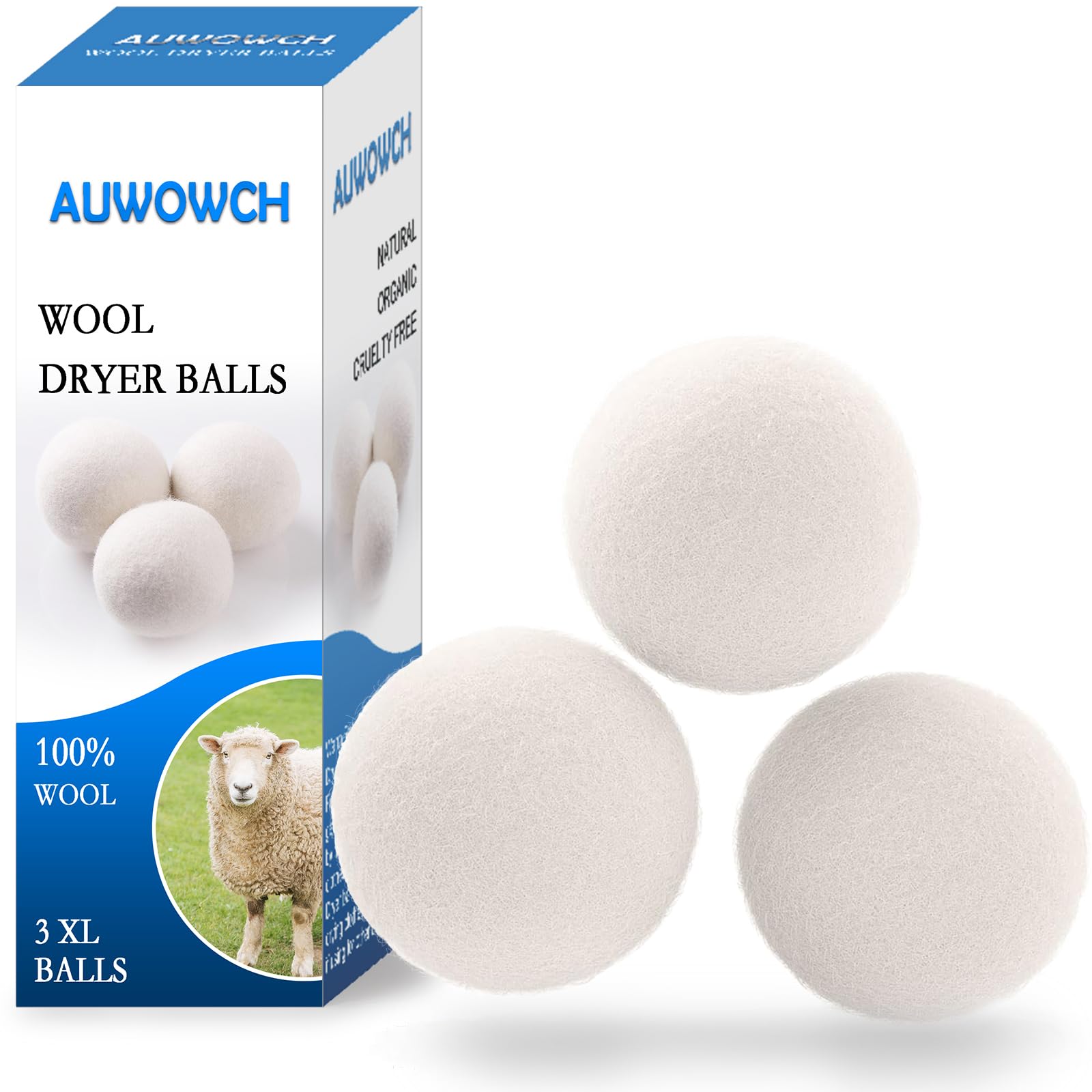 Wool Dryer Balls, 3 Count XL Dryer Lint Balls, Reusable Premium Natural Fabric Softener, Efficiently Add Essential Oils Instead of Dryer Sheets, Laundry Room Organization Essentials