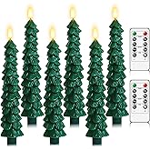 Lezonic 6Pcs Flameless Christmas Tree Candles with Remote Timer, LED Taper Candles Battery Operated Flickering Flame, 10 Inches Green Real Wax Window Candlesticks for New Year Xmas Decorations