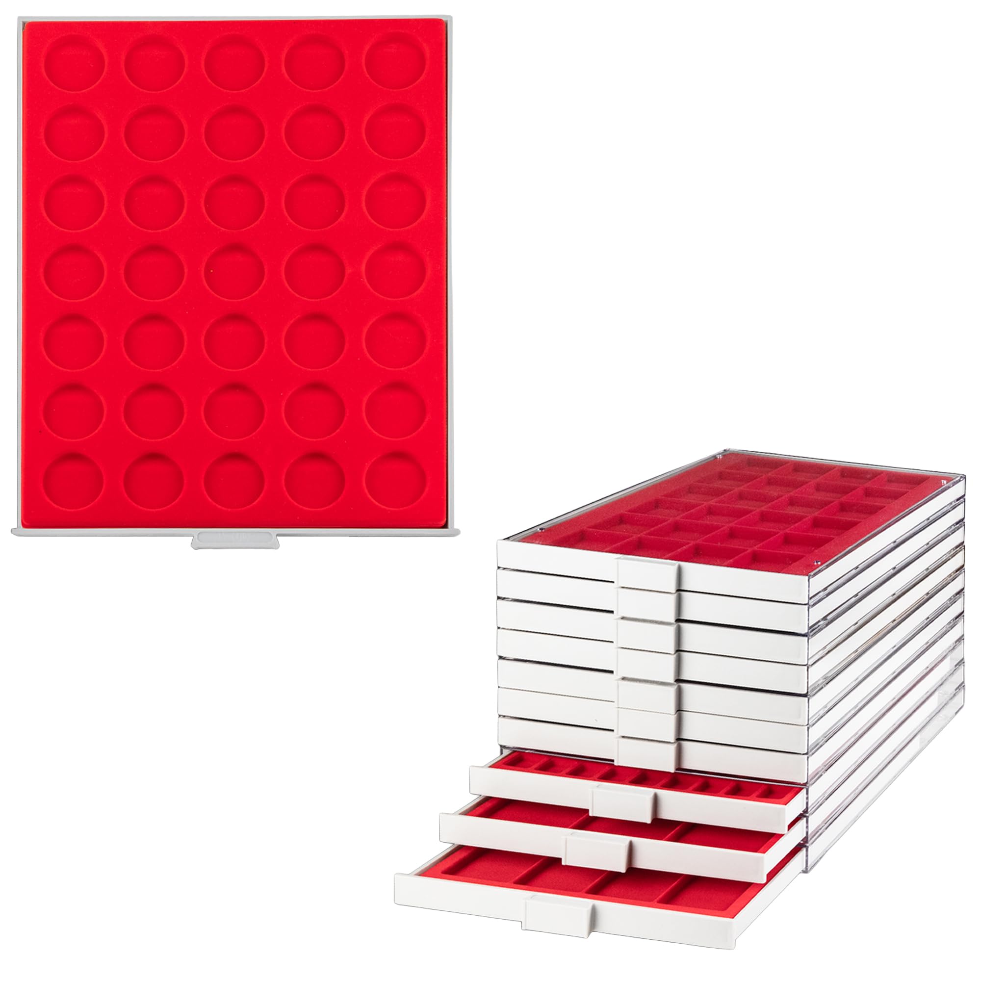 Prophila coin box gray 35 round compartments for 10/20-€uro-coins or coins up to 32,5 mm, red insert