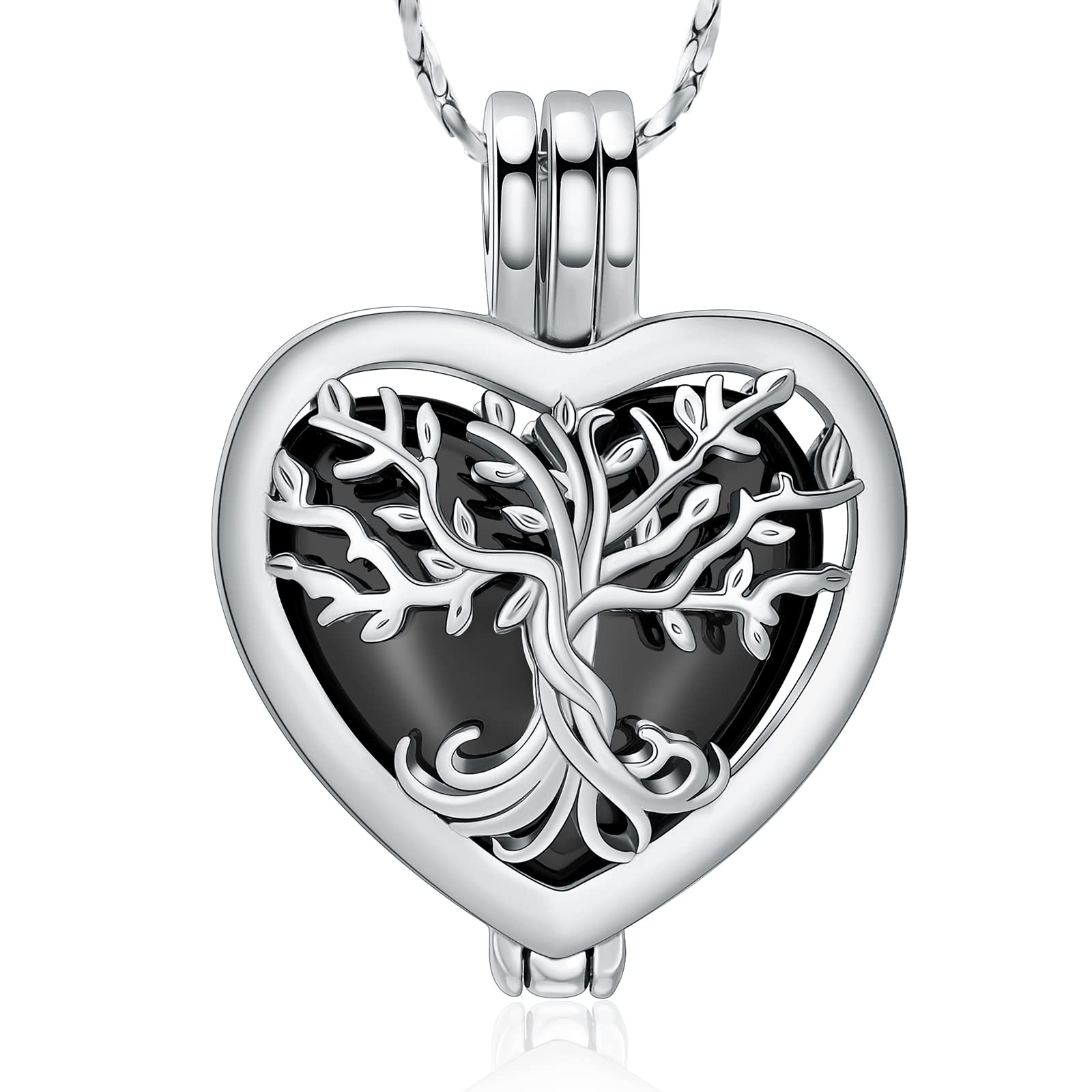 QGJNSGC Tree of Life Urn Necklaces for Ashes Heart Shape Cremation Jewelry Memorial Keepsake Jewelry Gifts for Women Men Memorial Lockets Ashes Holder for Pet (Silver-black)