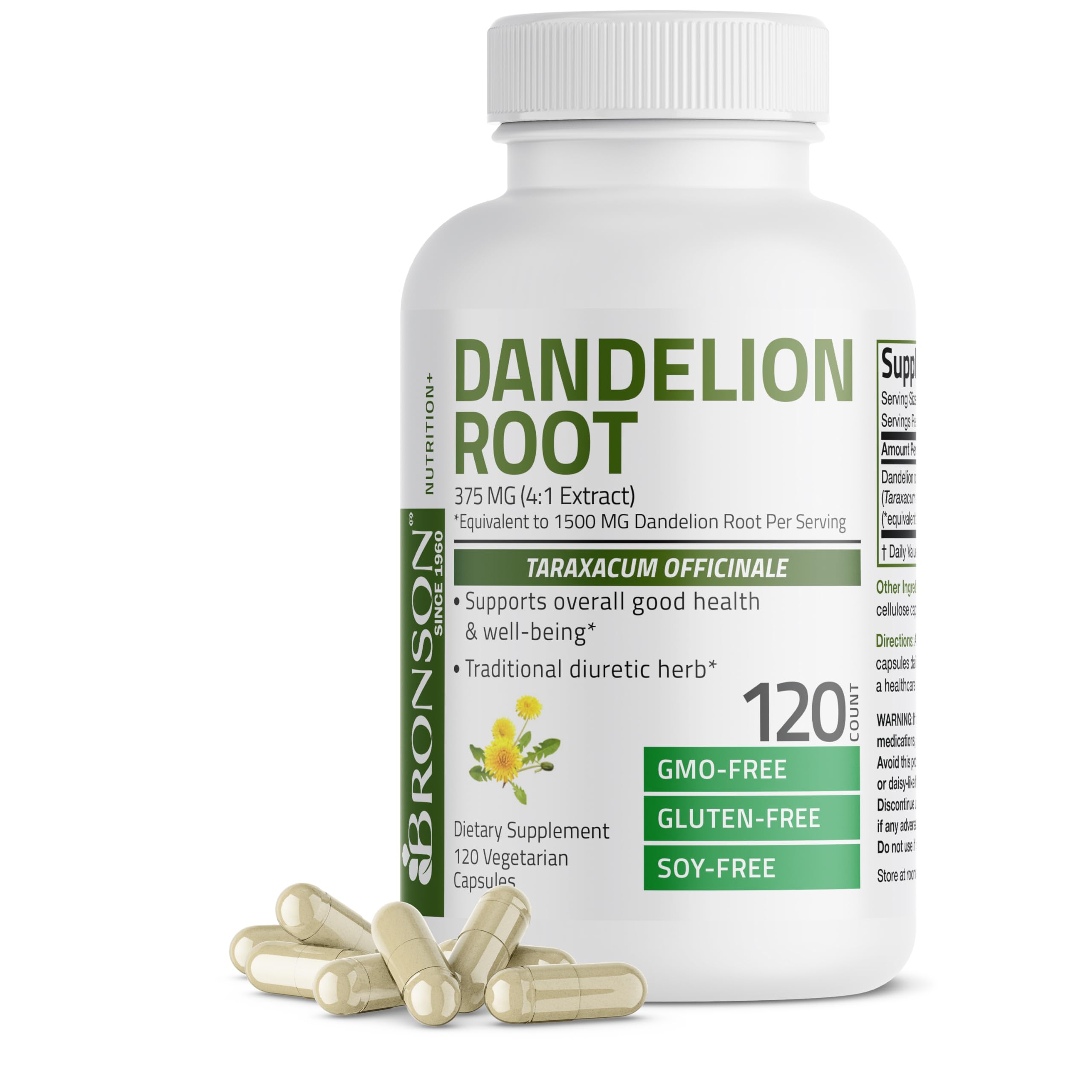 Bronson Dandelion Root High Potency Supplement, Supports Overall Good Health & Well-Being, Traditional Diuretic Herb - Non-GMO, 120 Vegetarian Capsules