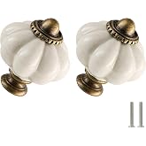 Zernmiarder 6pcs Ceramic Pumpkin Knobs - Antique White | Vintage Cabinet Knobs with Mounting Screws - Antique Drawer Pulls for Dresser, Closet, Cupboard, and Home DIY Project