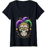 Womens Mardi Gras Sugar Skull Costume Parade Carnival V-Neck T-Shirt
