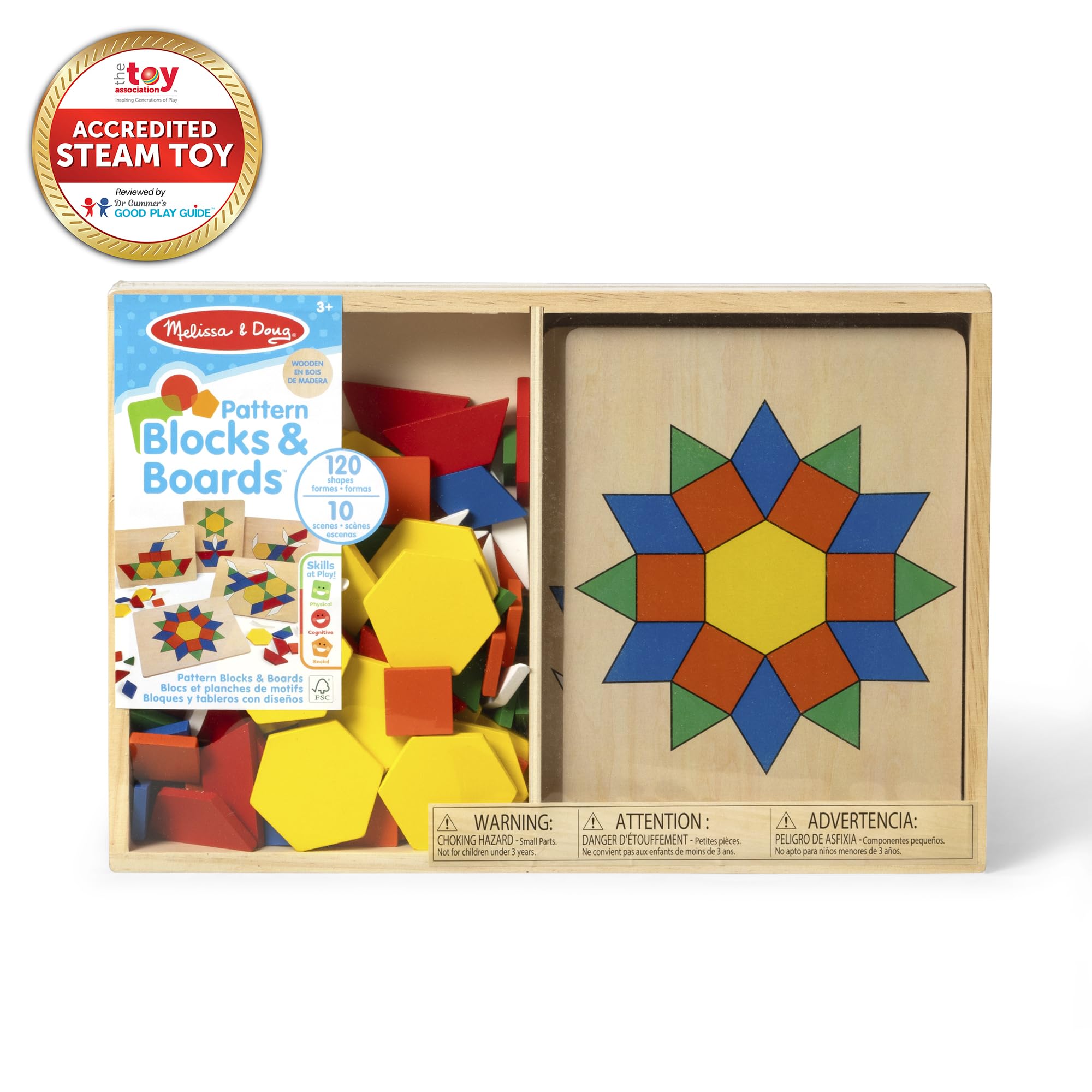 Melissa & Doug Pattern Blocks and Boards with 120 Multi-Colored Wooden Shape Tiles, 5 Double-Sided Puzzle Boards, Tangram Puzzles, Montessori Toys for Girls & Boys