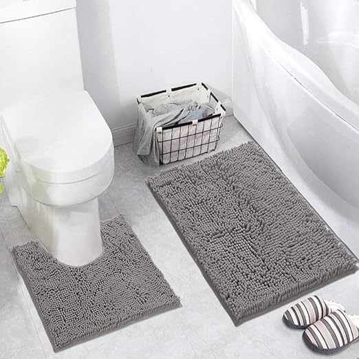 Amazon Com Soft Shaggy Bathroom Rugs Luxury Chenille 2 Piece Mats Soft Plush Toilet Mat Microfiber Shaggy Carpet Super Absorbent Mats Machine Washable 20 X 32 And 20 X 20 U Shape Ash