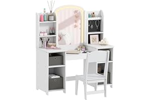 Qaba Kids Vanity Set with Lighted Mirror and Stool, Girls Vanity Table Desk and Chair with LED, Cabinet, Shelves, Fabric Bins