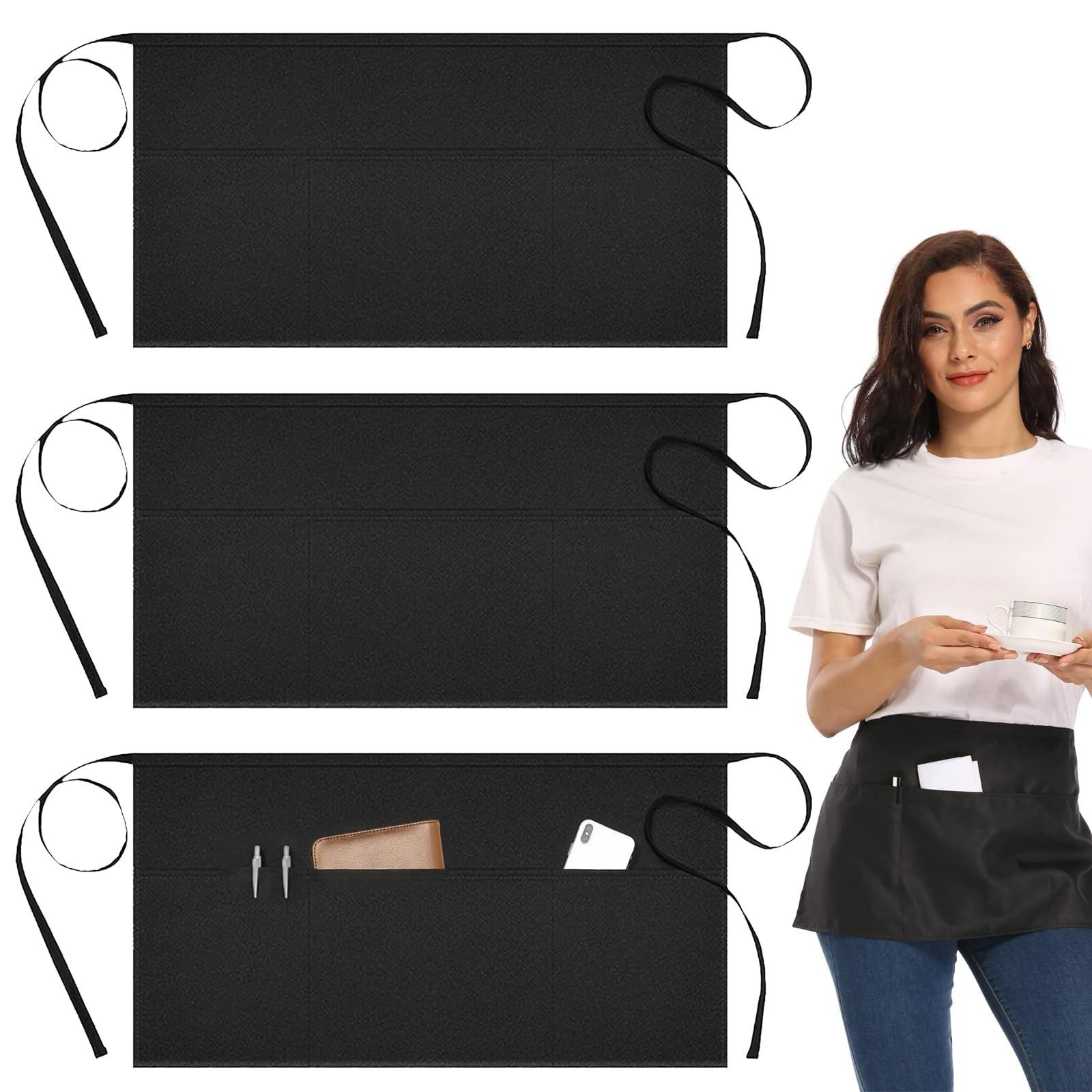 Asheyya 3 Pack Waitress Apron with Pockets, Anti-Dirt Black Waist Apron for Home Kitchen Restaurant Work Chef Waiter Cooking Baking