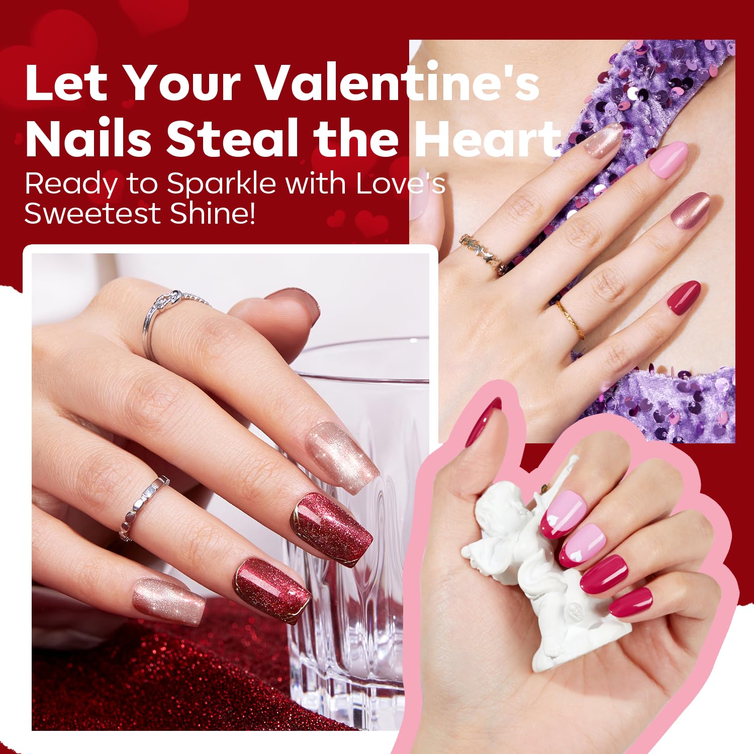 modelones Nail Polish Set 6 Colors Pink Collection Red Cat Eye Nail Polish Set Quick Dry Red Nail Polish Finger Bulk Manicure Diy Nail Art Salon Home Valentine's Day Gift for Women Girl - Image 2