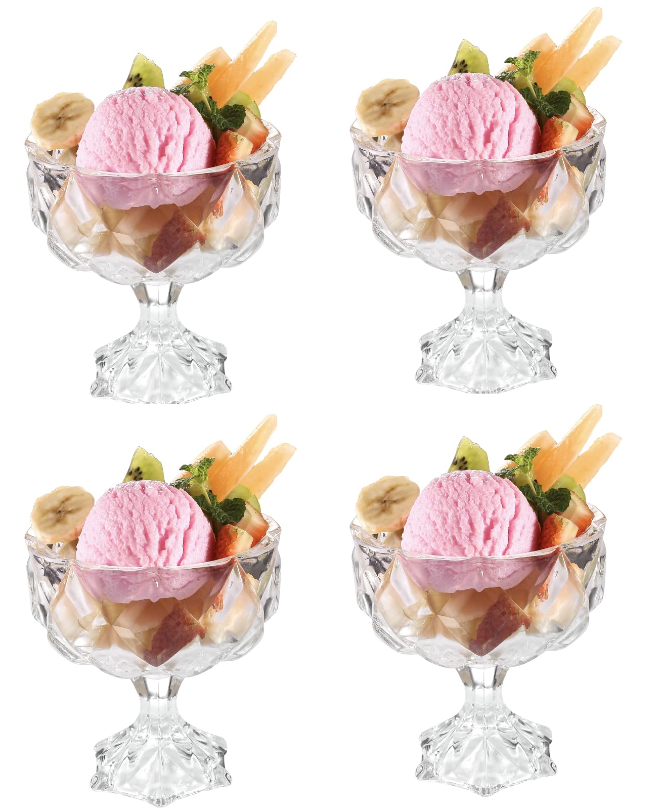 Royal Cuisine Ice Cream Glass Bowls - Diamond Dessert Glass Cups Set of 2 (4)