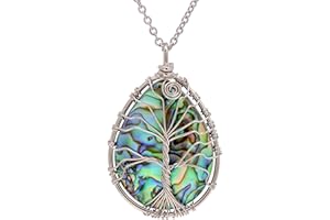 Natural Abalone Shell Wrapped Wire Tree of Life Pendant Necklace - Big - White Copper
