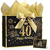 YoungTree 40th Birthday Gift Bag with Tissue Papers and 1 Greeting Card Ribbon,Portable Paper Gift Bags with Handles,Black Gold Present Bags for 40th Birthday Decorations Supplies 12.6" x 9.8" x 4.3"