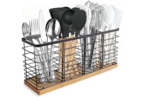 Watelife Extra Large Kitchen Utensil Holder with 4 Compartments，Matte Black Metal holder with Wooden Base for Kitchen Counter