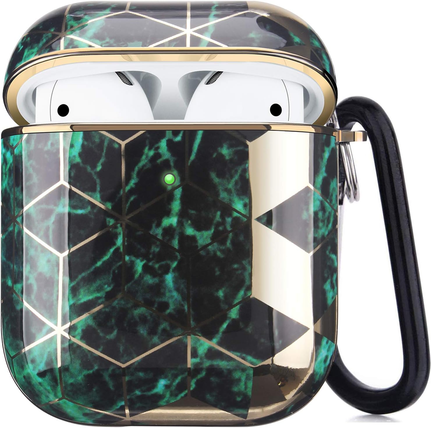 Airpods Case, Airpods Protective Hard Case Cover with Keychain Compatible with AirPods 2/1 Cute Girls Men Durable Shockproof Anti Lost Case for AirPods Charging Case (Electroplating Green Gold)