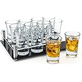 Ruckae 12 Pack 1oz Shot Glasses Set with Tray Heavy Base Clear Shot Glasses Bulk for Vodka Tequila Whiskey Liquor