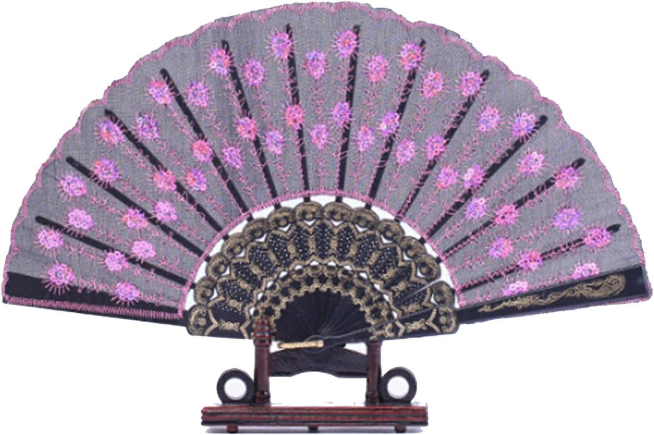 Pinsjar Peacock Flower Pattern Folding Fan Handheld Hand Fan Elegant Decorative Fan Wedding Gift for Women Girls