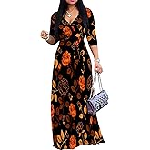Girlair Women's Plus Size Maxi Dress with Pockets - V Neck 3/4 Sleeve Wrap Boho Floral Long Dresses