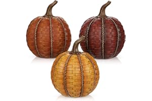 OAIRSE 6 Inch Large Artificial Pumpkins, 3 Pcs Fall Pumpkin Decor Orange Clay Brown Dark Red Faux Resin Pumpkins Woven Pumpkin Centerpiece for Rustic Farmhouse Fall Thanksgiving Autumn Harvest Table Decor