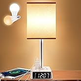 Yostyle Table Lamp Bedside Lamp with 4 USB Ports and AC Power Outlets, Alarm Clock Base w/ 5Ft Extension Cord, Square Oatmeal Fabric Lampshade Modern Accent Nightstand Lamps for Bedrooms Living Room