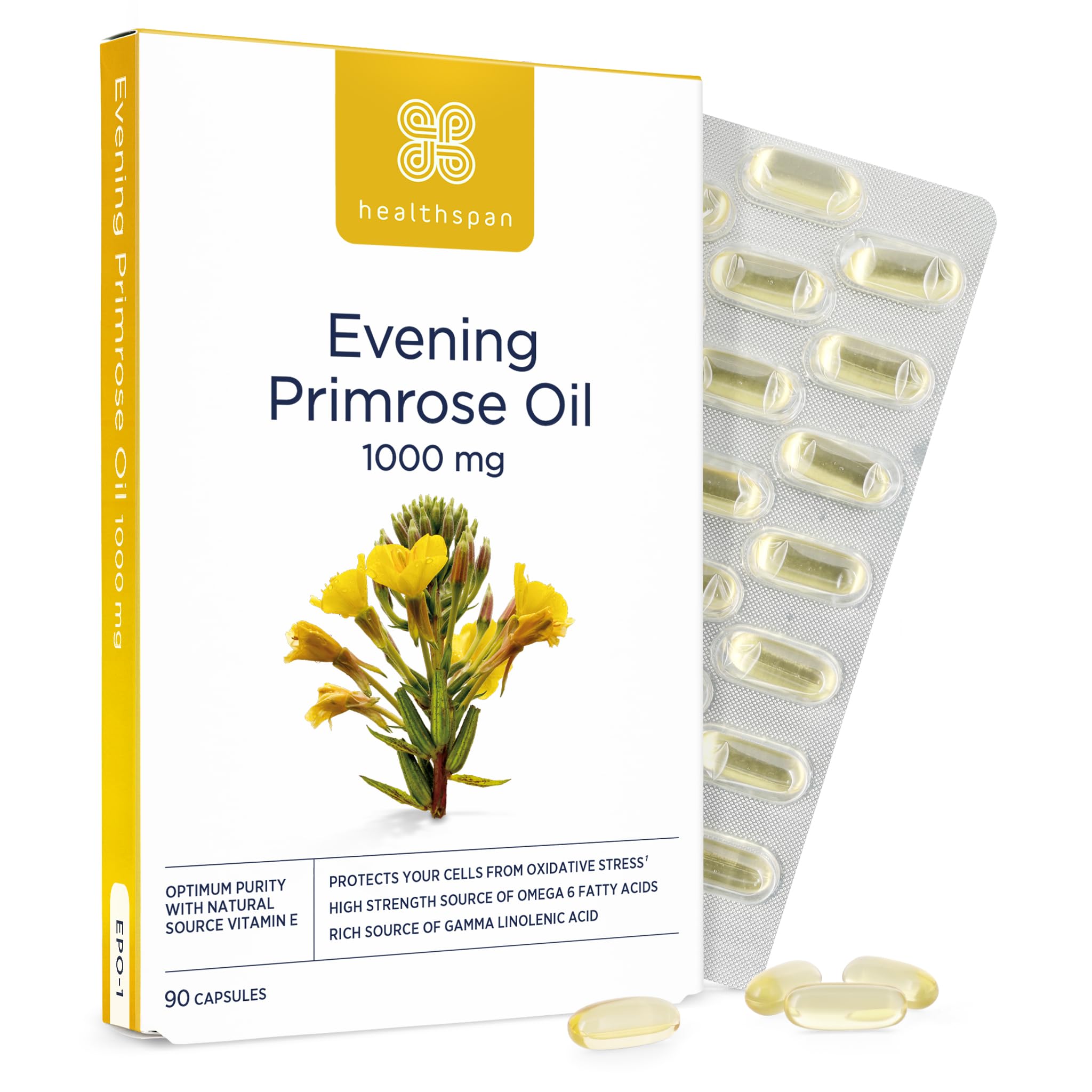Healthspan Evening Primrose Oil | Support Women's Health | Helps Maintain Hormonal Balance | Rich Source of Omega 6 Fatty Acids | Added Vitamin E | Vegan (90 Capsules, 1,000mg)
