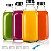 YEBODA 32oz Glass Milk Bottle with Plastic Tamper-proof Caps (4 Pack) Vintage Reusable Dairy Drinking Containers, Glass Bottles for Milk, Juice,Yogurt, Smoothies, Tomato Sauce, Jam, Syrup