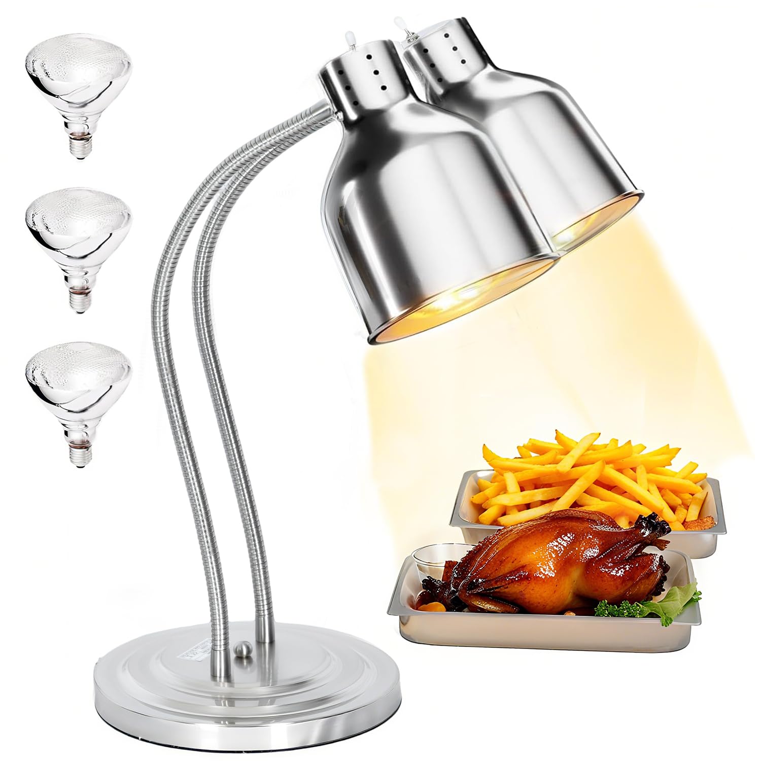 Photo 1 of JOHAKYU 500W Commercial Food Warmer, 2-Head Adjustable Food Warming Lamp with 3 Bulbs | Stainless Steel Catering Heating Light for Restaurants, Kitchens & Buffets - Silver