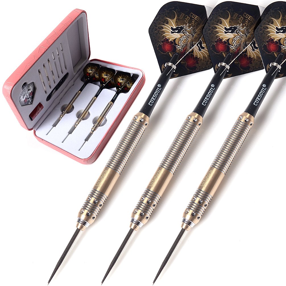 CUESOUL Dragon Series 25 Grams Professional Steel Tip Darts Set Brass Barrels Shockproof Deluxe PU Carry Case Nylon Shafts Well Balanced (JL-SL-J2202L)