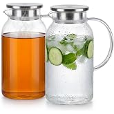 Glass Pitcher with Lid &amp; Spout, 2 Pack 1.8L 60 Oz &ndash;Carafe Hot &amp; Cold Drink | Round Brosilicate Glass Water Pitcher with Handle for Fridge, Large Jug for Icead Tea Coffe Juice, Jarra De Vidrio Con Tapa