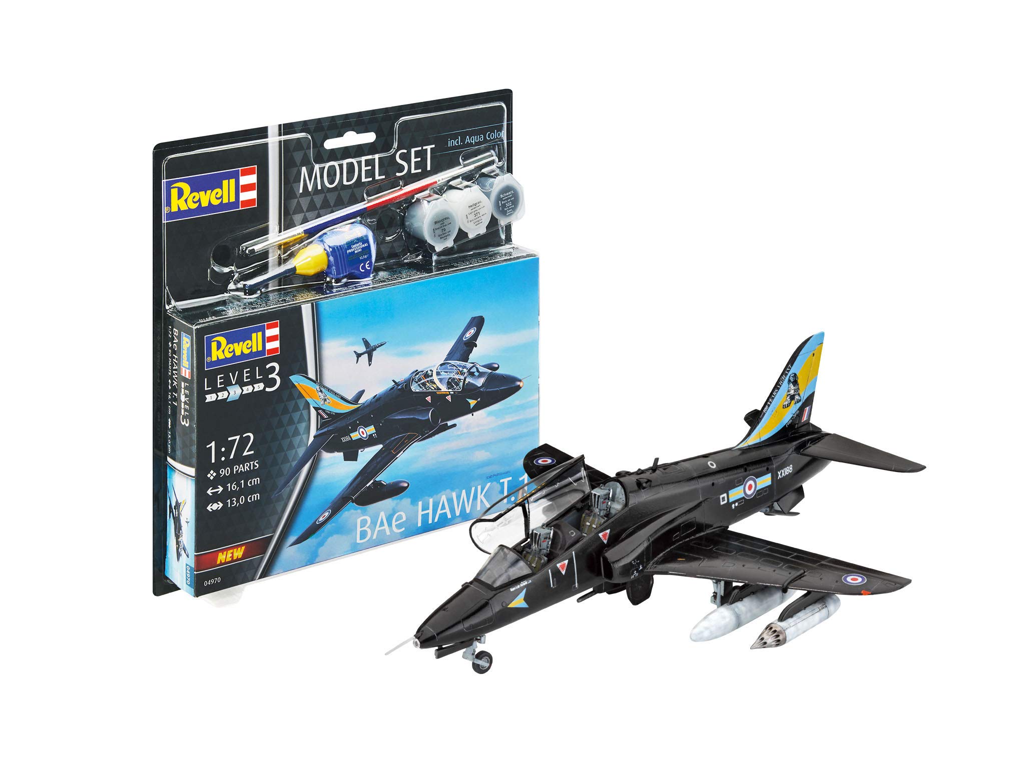 Revell Model Set 64970 BAe Hawk T.1 1:72 Scale Unbuilt/Unpainted Plastic Model Kit with Contacta Professional Glue, Paintbrush & Selected Aqua Color Paints