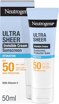 Ultra Sheer Crema Invisibile Protezione Solare Idratante SPF 50 50 ml, Crema viso SPF 50 leggera per pelli secche o molto secche e sensibili, Senza profumo, Non comedogenica