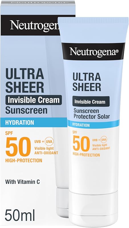 Ultra Sheer Crema Invisibile Protezione Solare Idratante SPF 50 50 ml, Crema viso SPF 50 leggera per pelli secche o molto secche e sensibili, Senza profumo, Non comedogenica