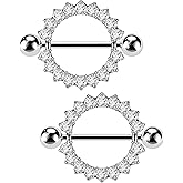 OUFER 2PCS Nipple Piercing Jewelry, 14G 316L Surgical Steel Nipple Rings for Women, Crystal Circle Shield Body Piercing Jewelry-14MM
